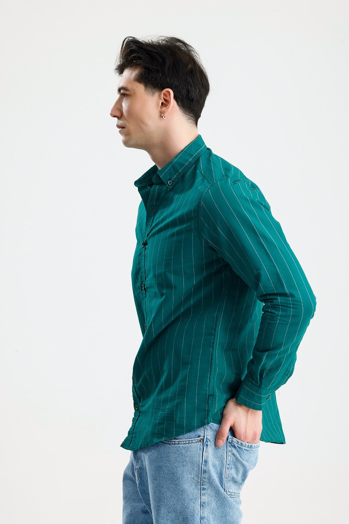 FİGO Erkek Petrol Yeşili Button-Down Yaka İnce Çizgili Uzun Kollu Gömlek