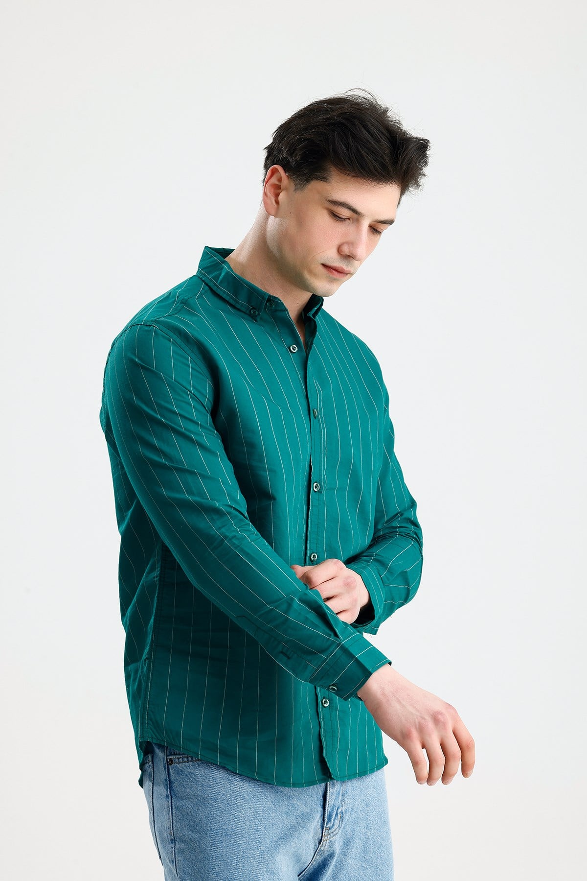 FİGO Erkek Petrol Yeşili Button-Down Yaka İnce Çizgili Uzun Kollu Gömlek