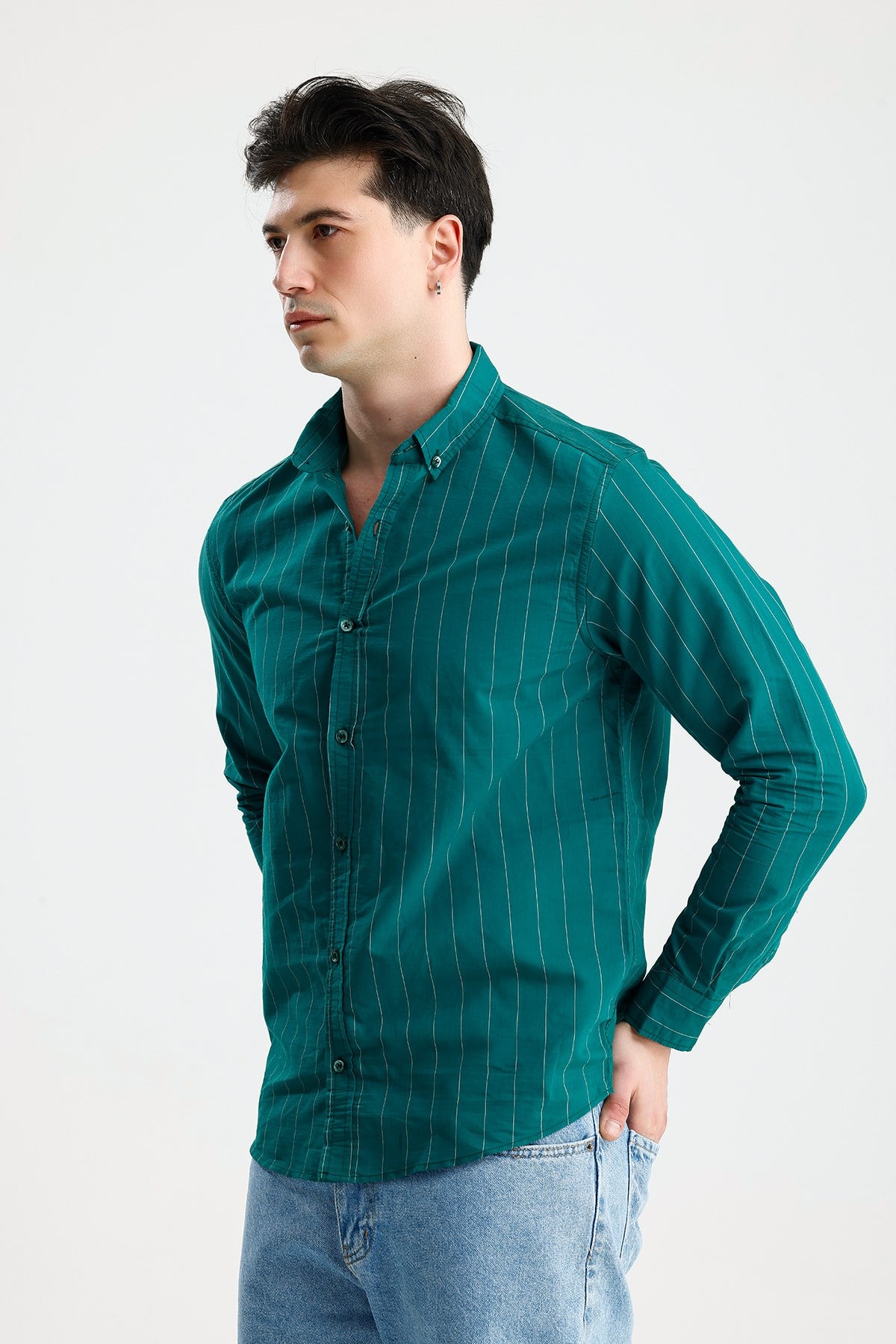 FİGO Erkek Petrol Yeşili Button-Down Yaka İnce Çizgili Uzun Kollu Gömlek