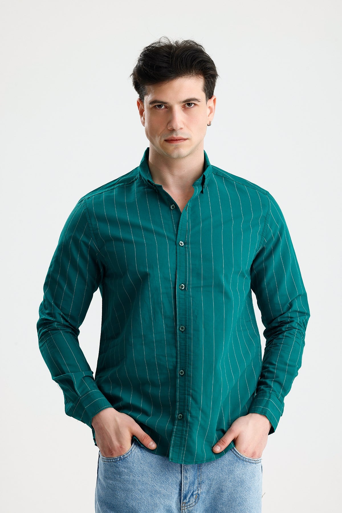 FİGO Erkek Petrol Yeşili Button-Down Yaka İnce Çizgili Uzun Kollu Gömlek