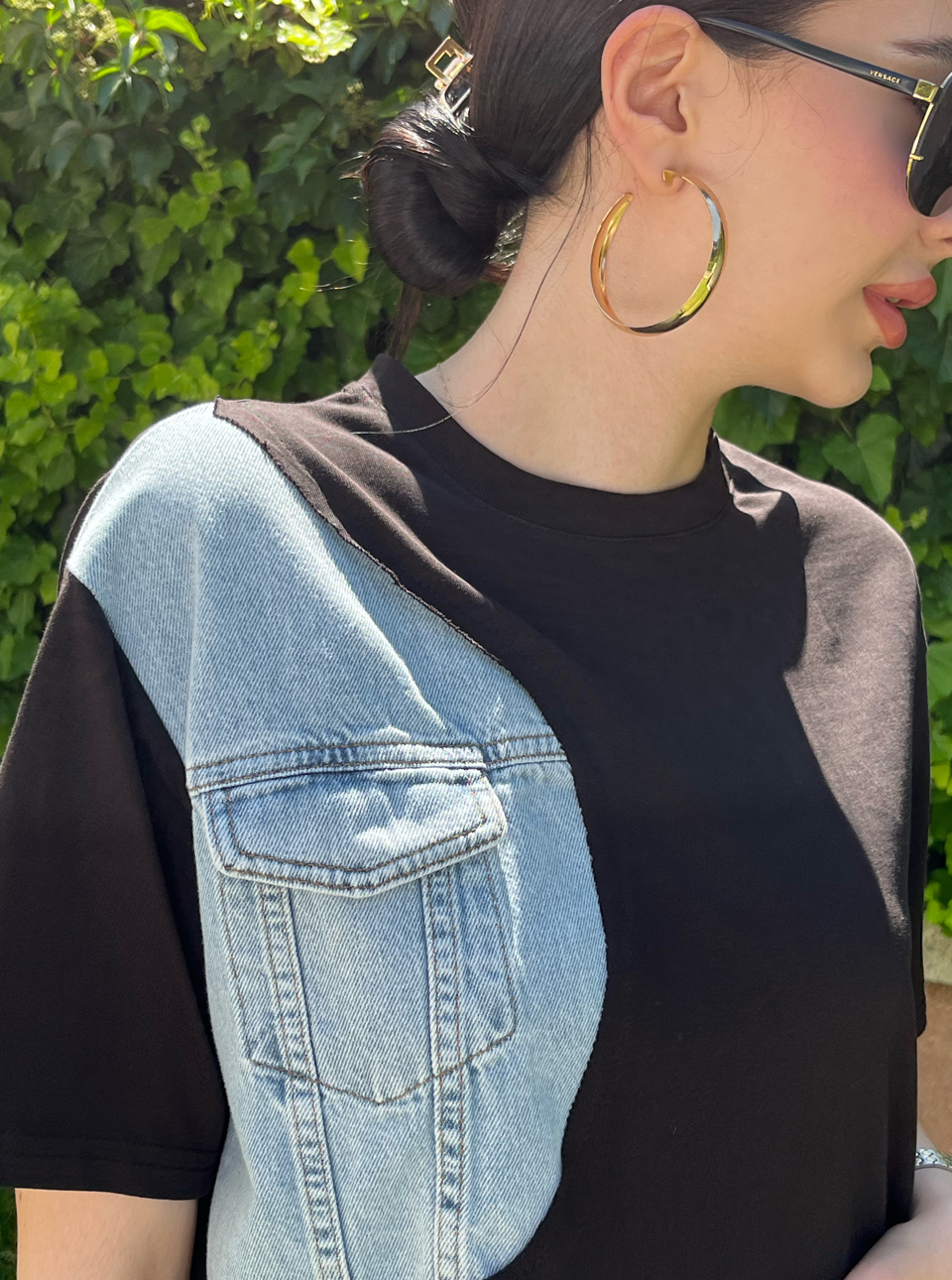 Oversize Denim Detaylı Siyah Tasarım Elbise