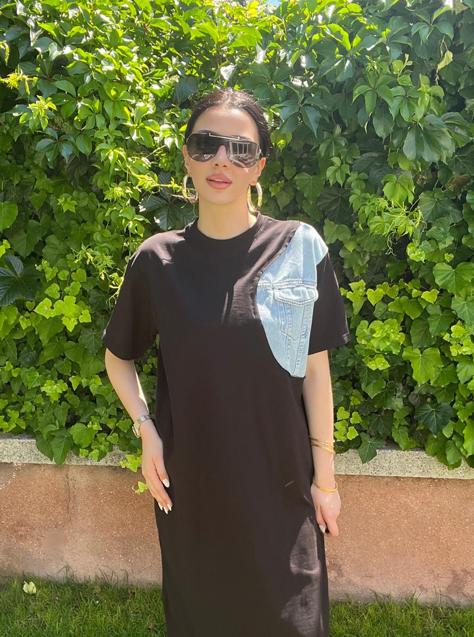 Oversize Denim Detaylı Siyah Tasarım Elbise