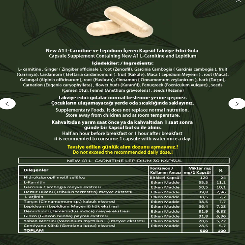 Hhs A 1 L Carnitine Lepidium Bitkisel 30 Kapsül