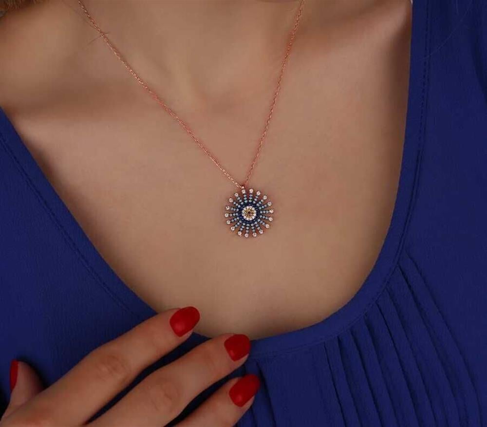 Beyaz Taşlı Nazar 925 Ayar Gümüş Kolye