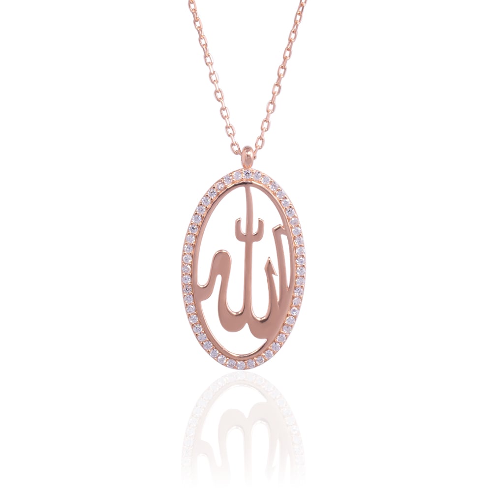 Taşlı Oval Allah Kolye