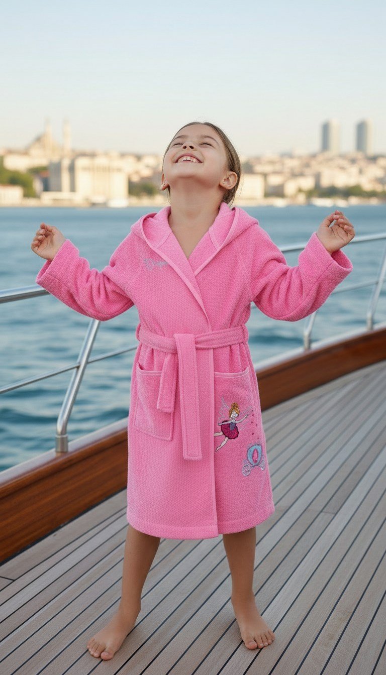 %100 Pamuk Angel Nakışlı Pembe Kız Cocuk Bornoz