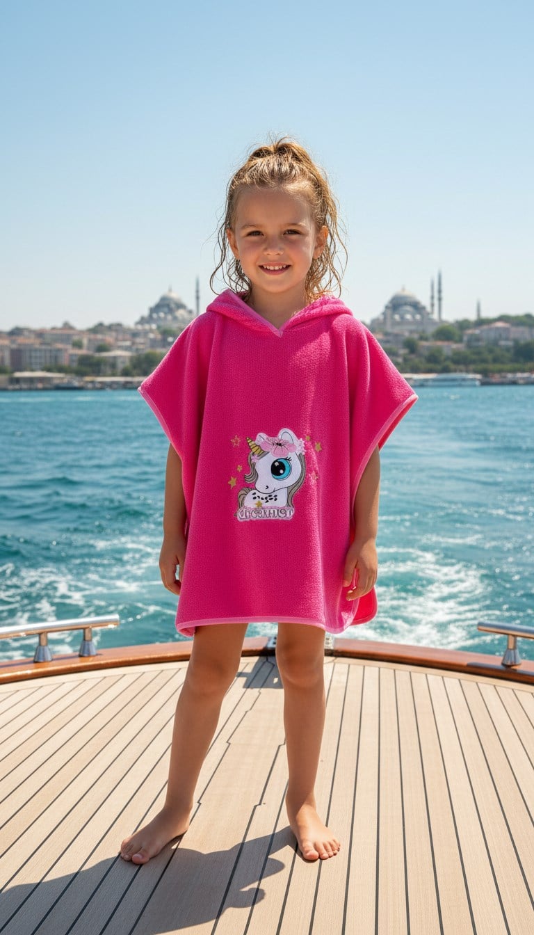 Pamuklu Unicorn Nakışlı Fuşya Renk Kapüşonlu Kız Çocuk Panço Havlusu
