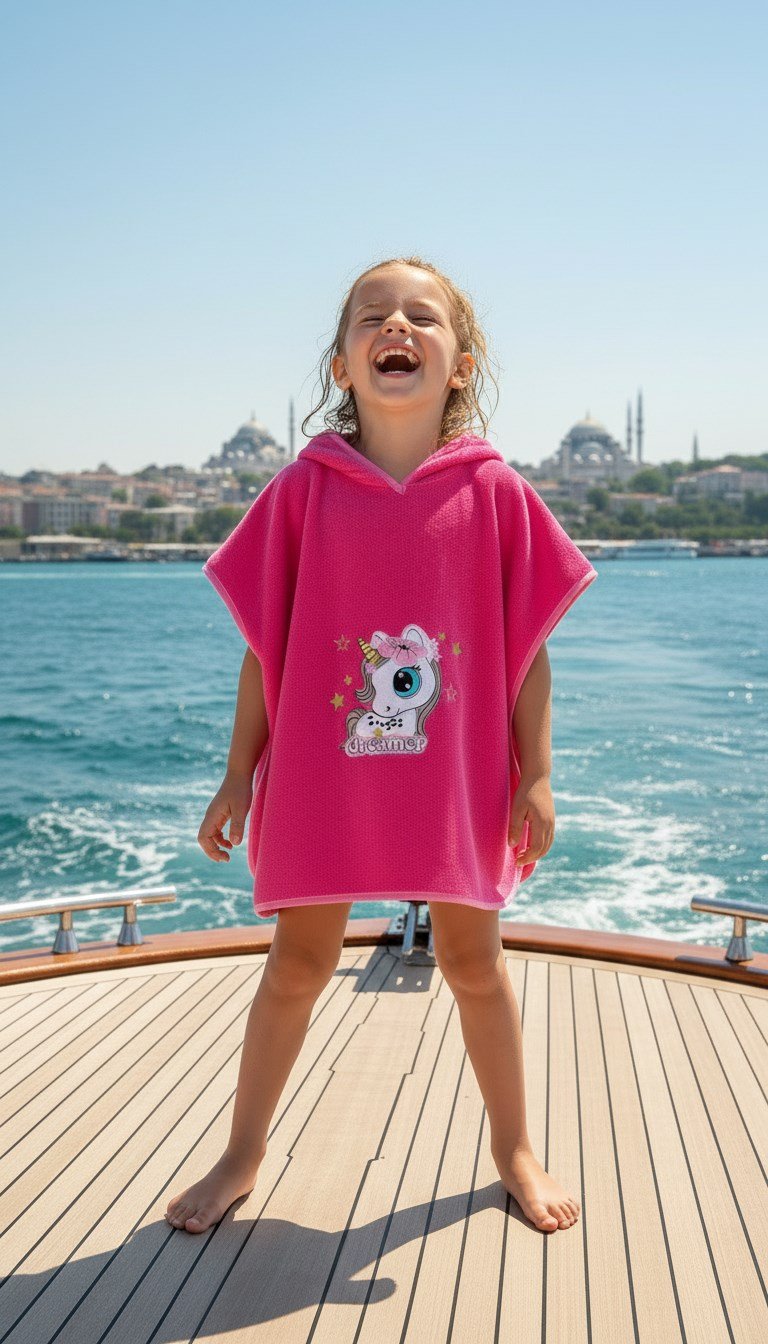 Pamuklu Unicorn Nakışlı Fuşya Renk Kapüşonlu Kız Çocuk Panço Havlusu