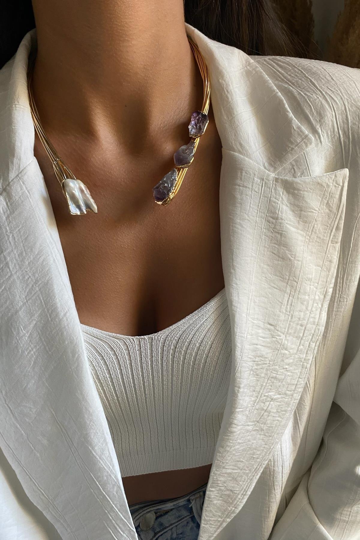 Ametist & Barok İnci Tasma Tasarım Kolye 