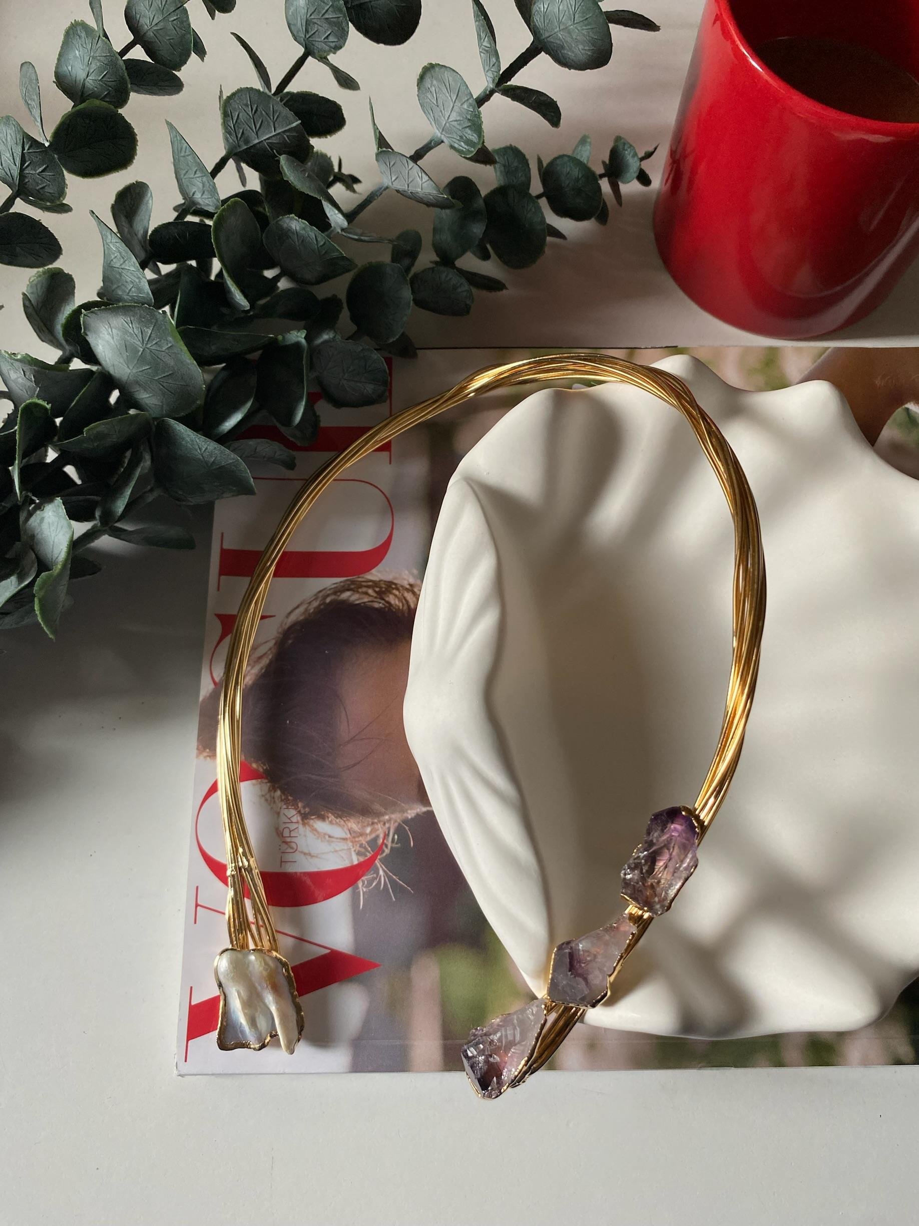 Ametist & Barok İnci Tasma Tasarım Kolye 