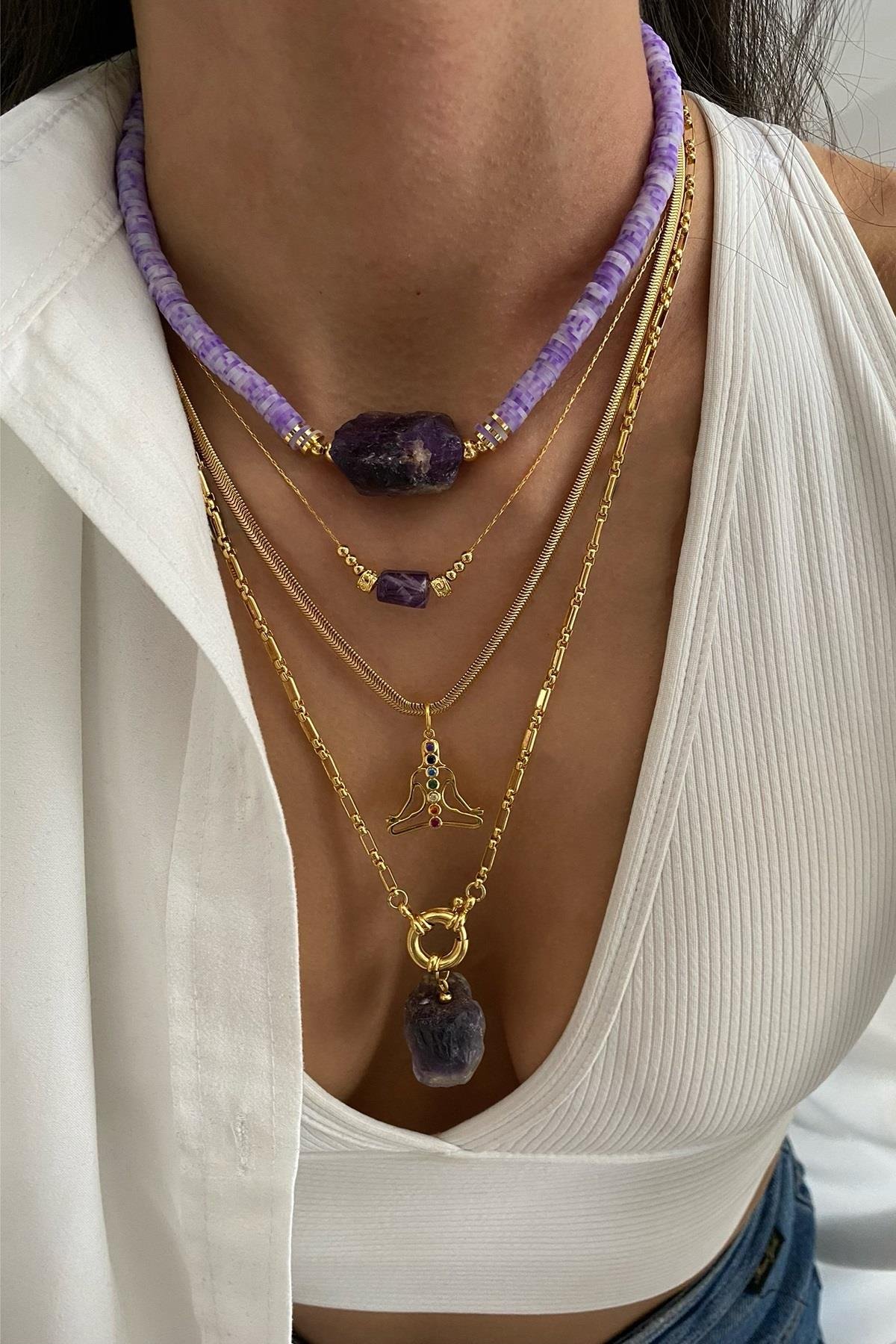 Ametist Taşı Tasarım Kolye Seti (Tüm Set)