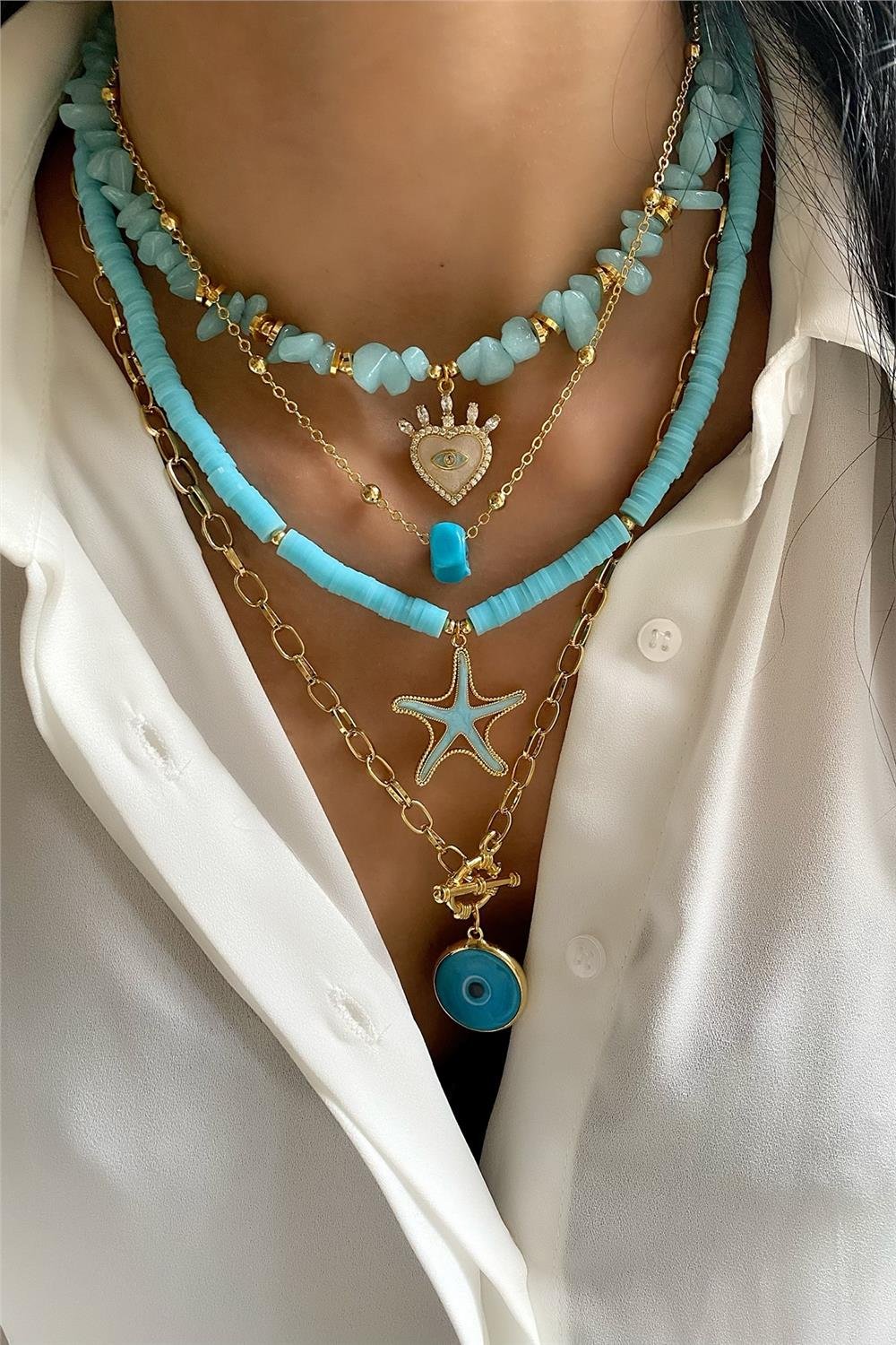 Aqua Marine Taşı Kolye Seti (Tüm Set)