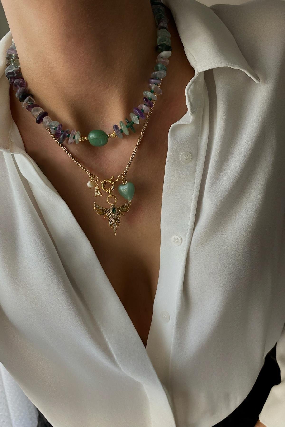 Aventurin &Ametist Taşı  Tasarım Kolye Seti (Tüm Set)