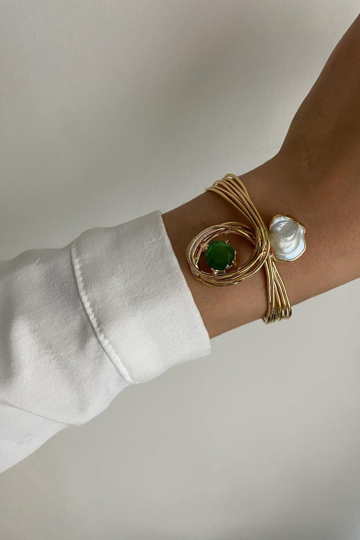 Barok İnci & Kedi Gözü Kelepçe  Bileklik (Sınırlı Adet)