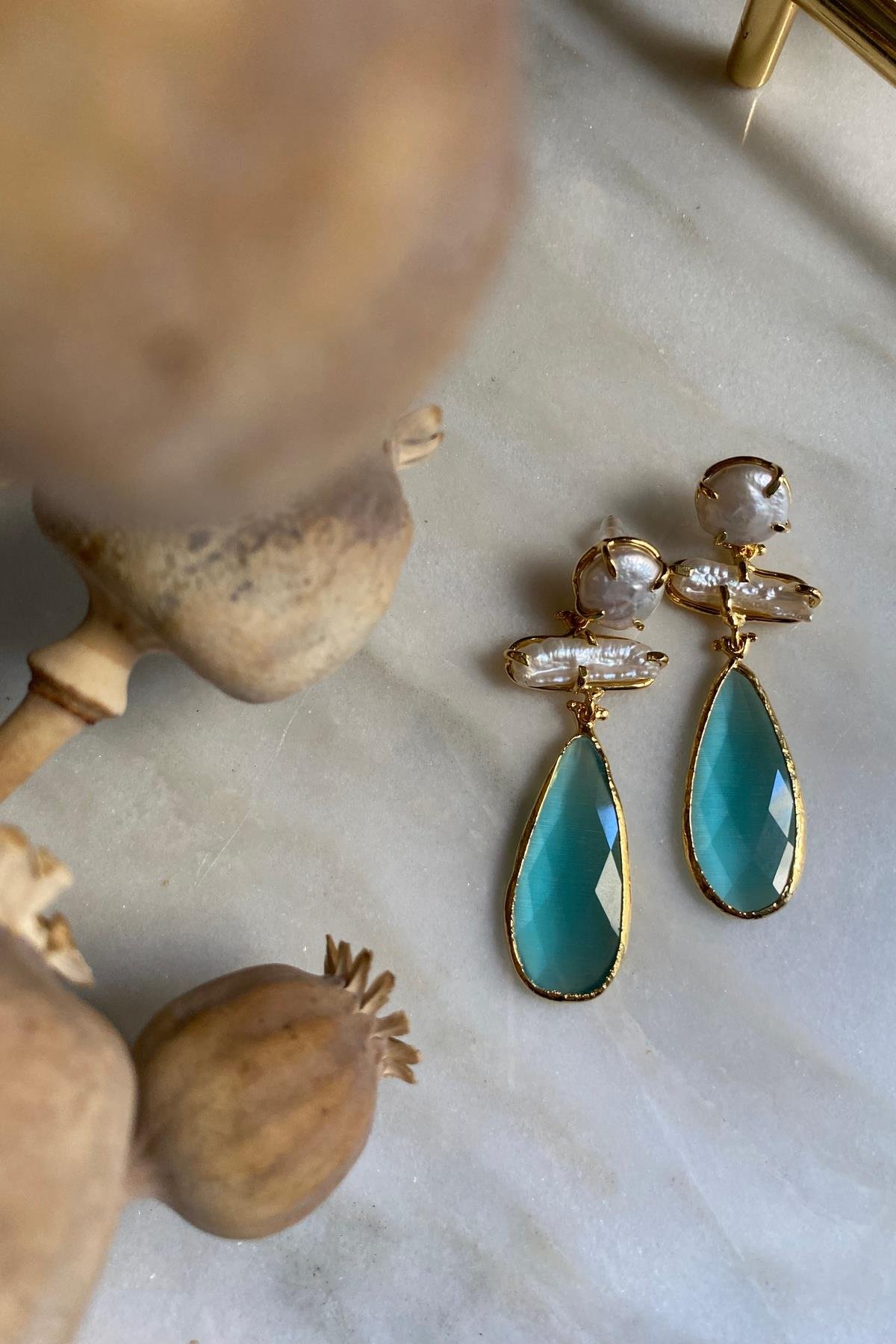 Barok İnci Turkuaz Kedi Gözü Tasarım  Küpe