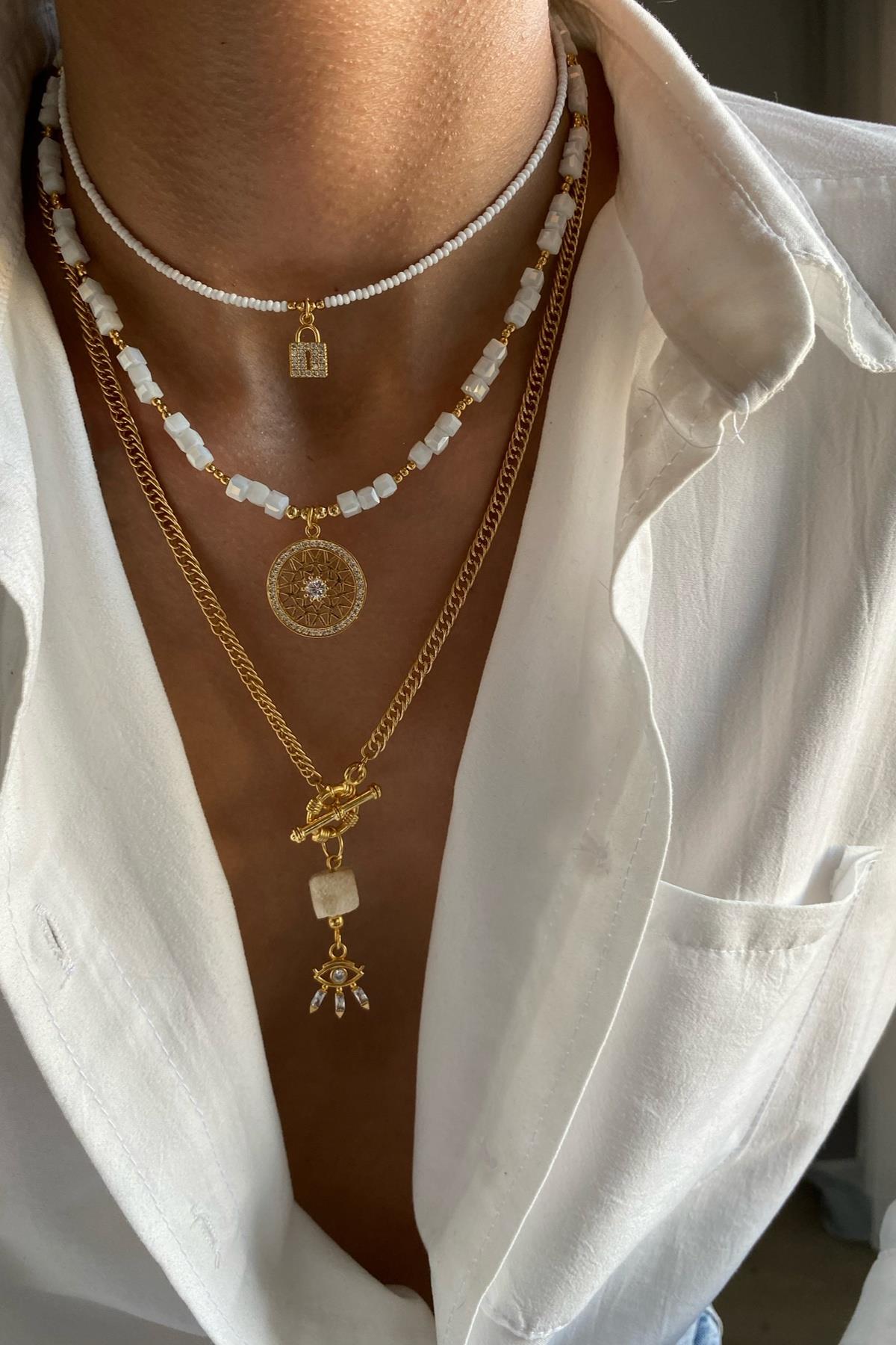 Beyaz Kare Kristal Kolye Seti (Tüm Set)