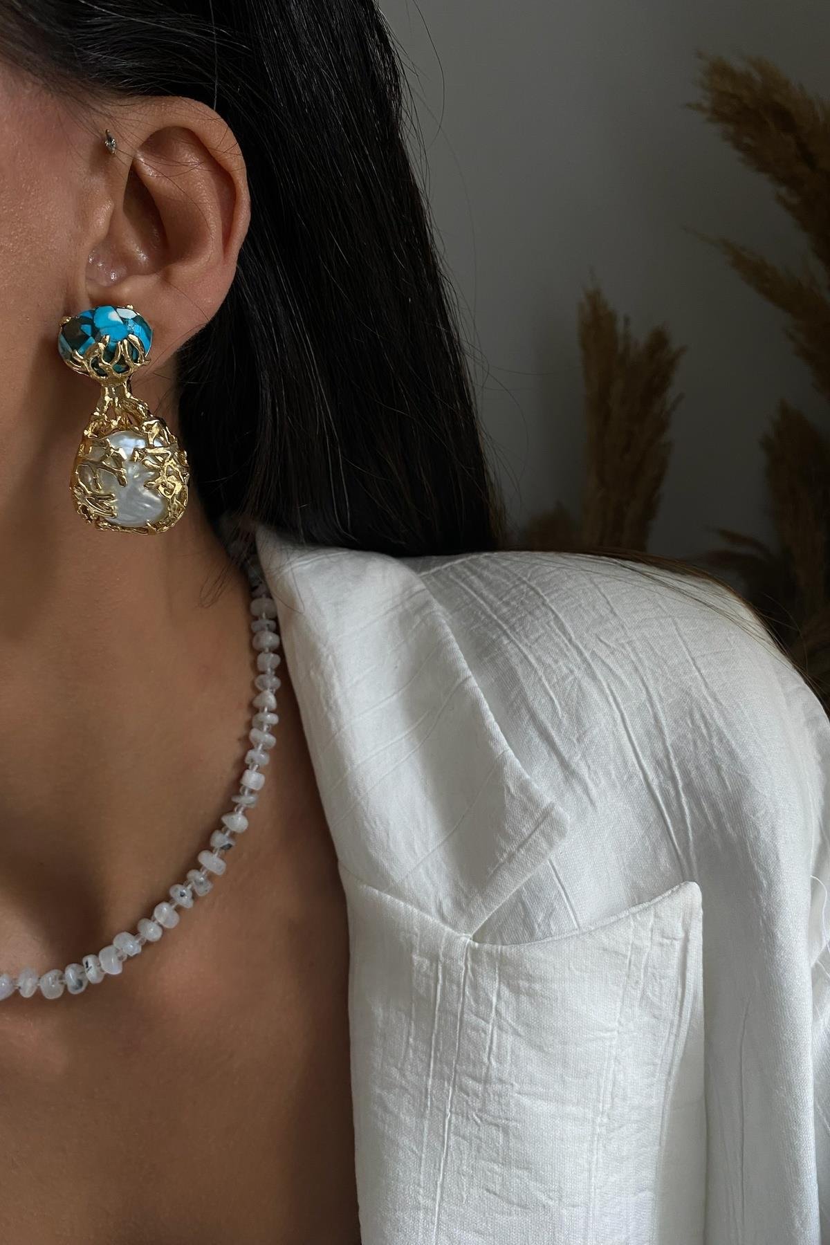 Firuze & Barok İnci  Tasarım  Küpe 