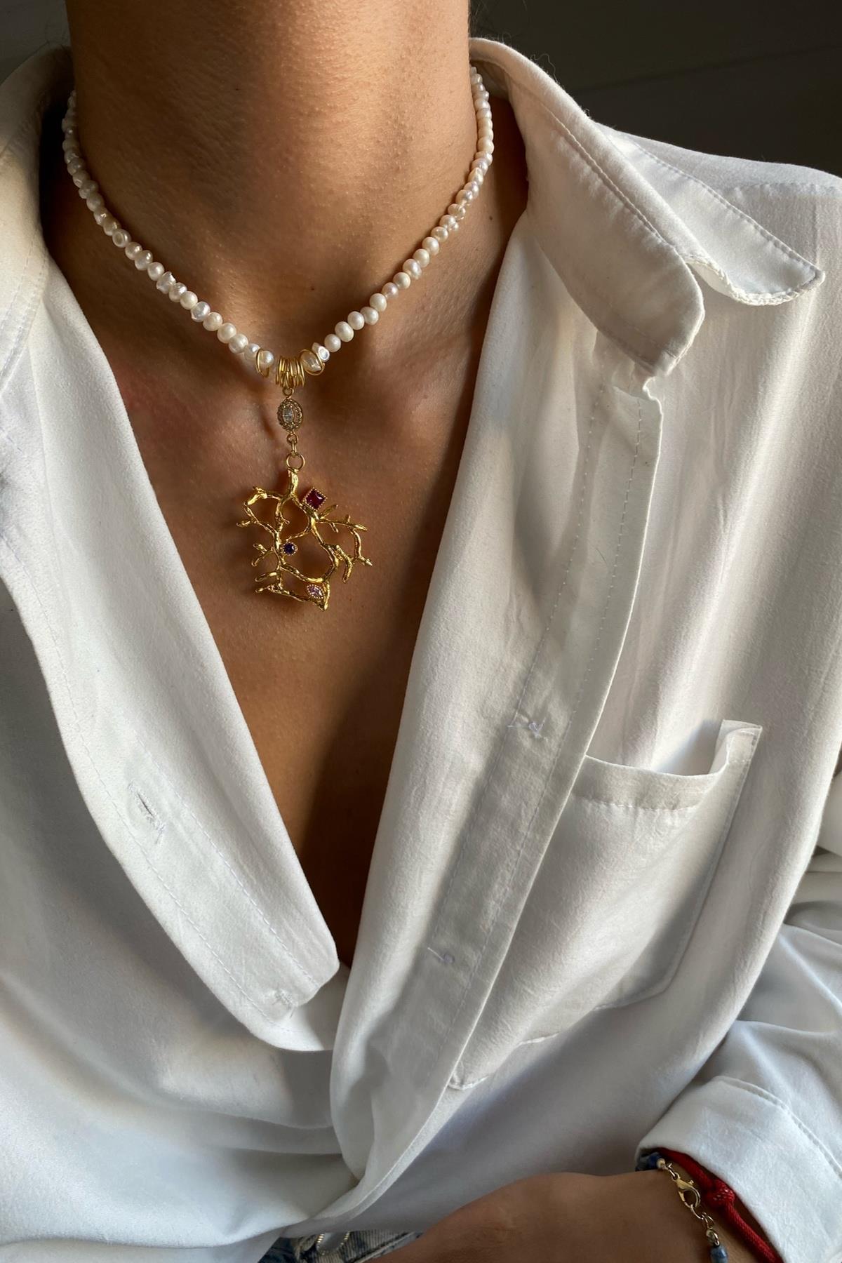 Gerçek İnci Fosil Yaprak Kolye 