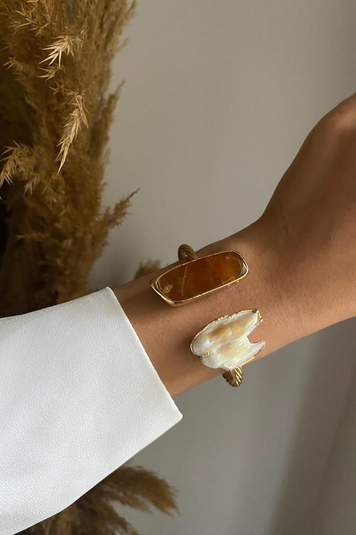 İnci & Akik Taşı Tasarım Kelepçe Bileklilk