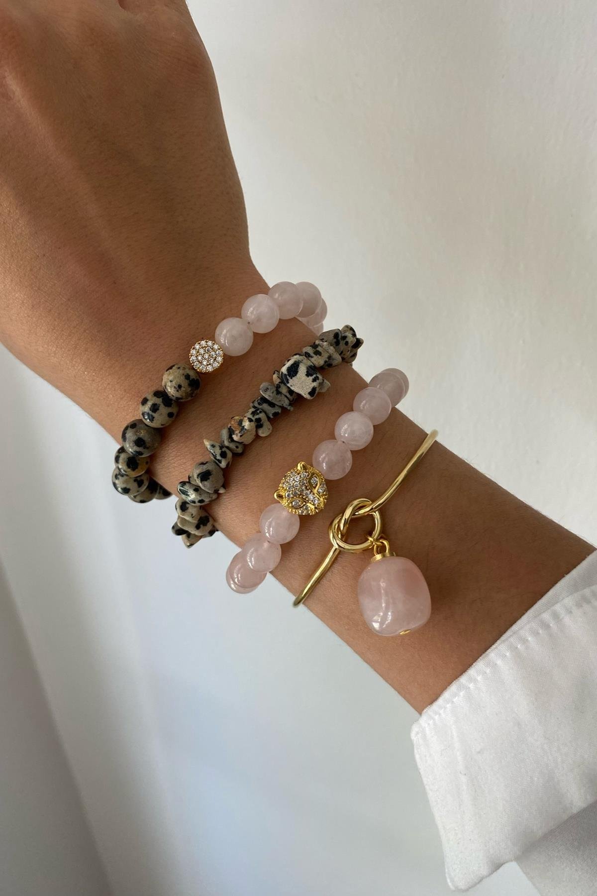 Jasper & Pembe Kuvars Taşı Bileklik Seti (Tüm Set)