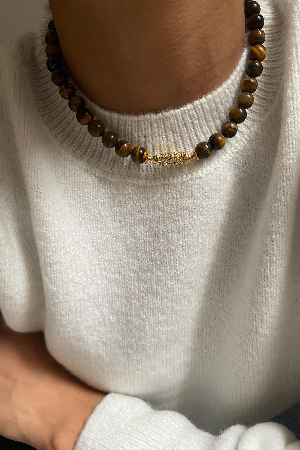 Kaplan Gözü Taşı Tasarım Kolye  (10mm)