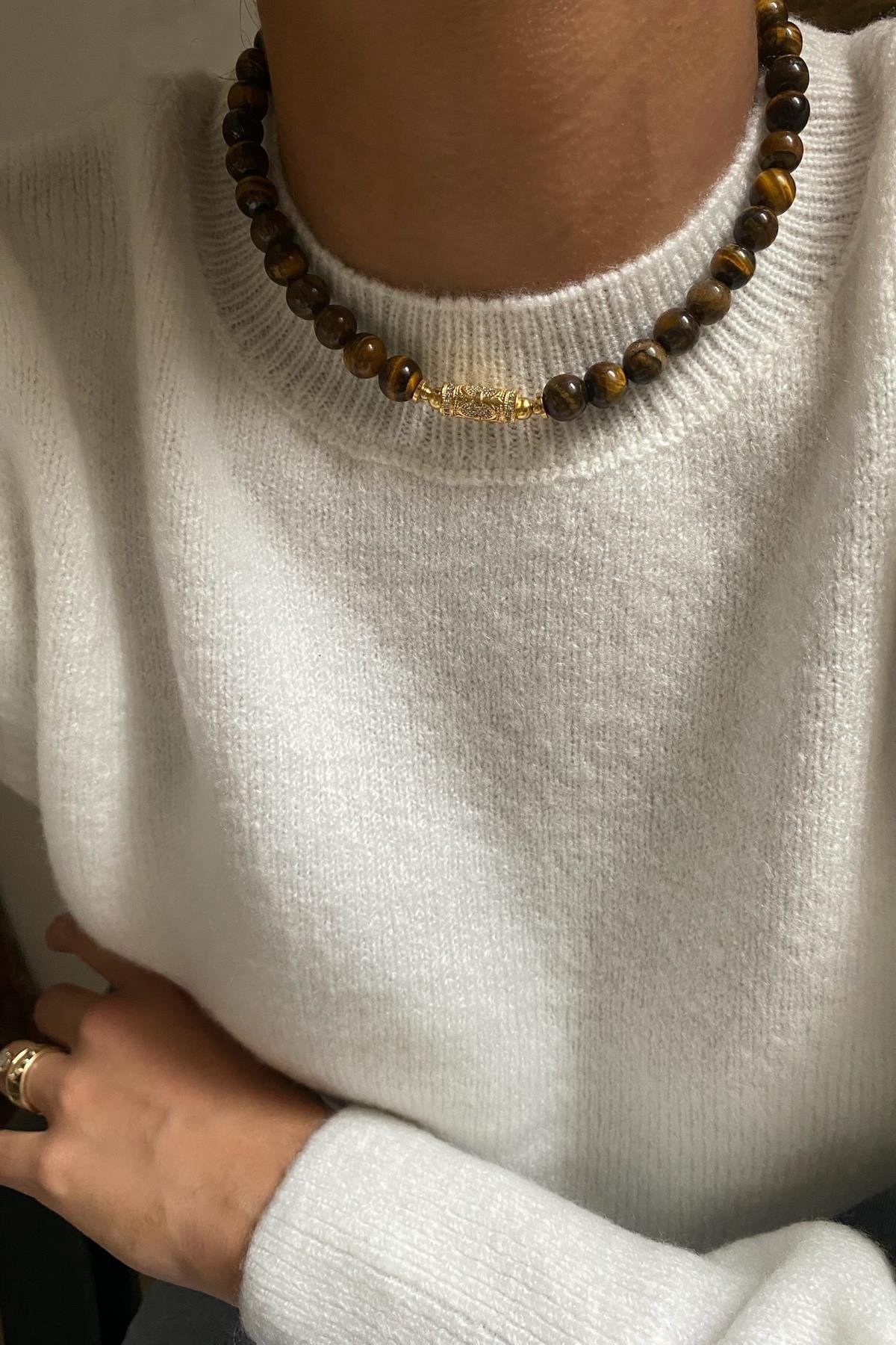 Kaplan Gözü Taşı Tasarım Kolye  (10mm)