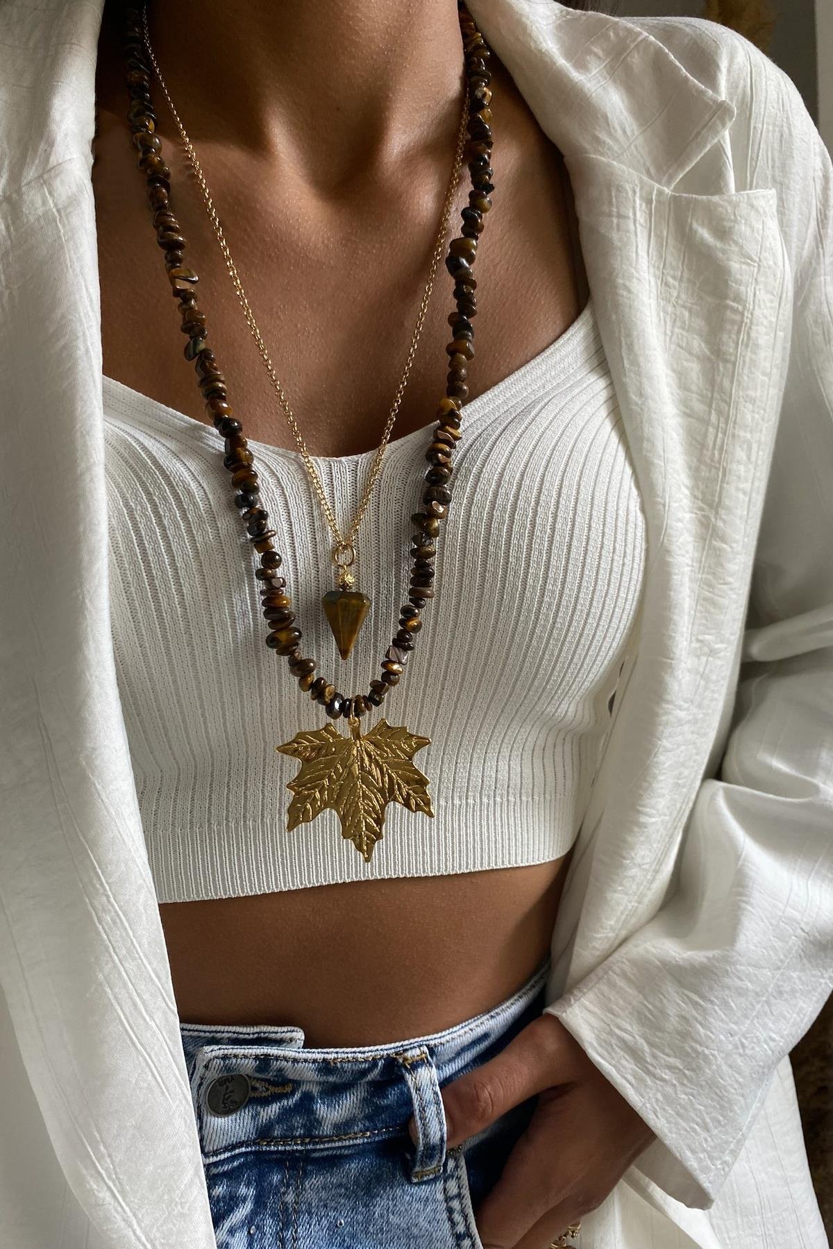 Kaplan Gözü Taşı Tasarım Kolye Seti (Tüm Set)