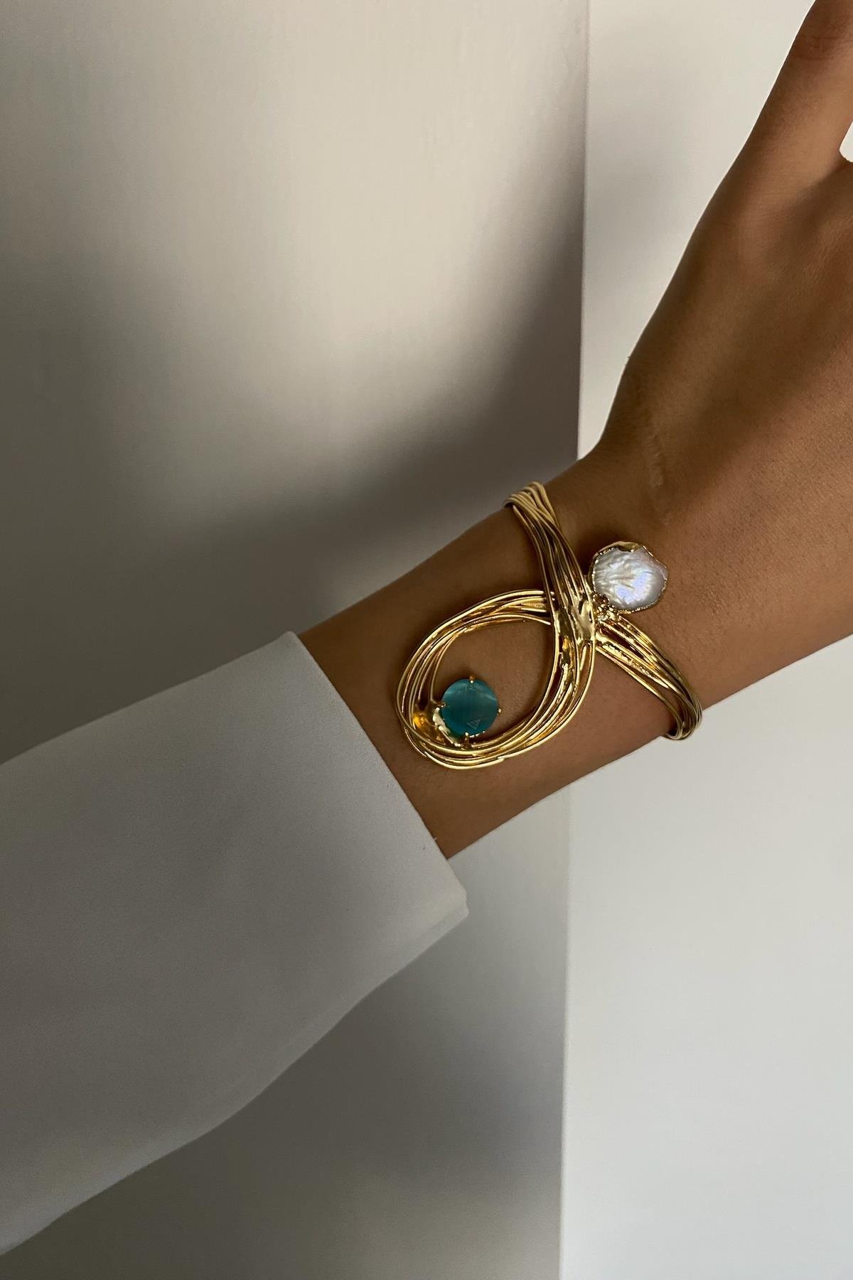 Kedi Gözü & Barok İnci Kelepçe  Bileklik 