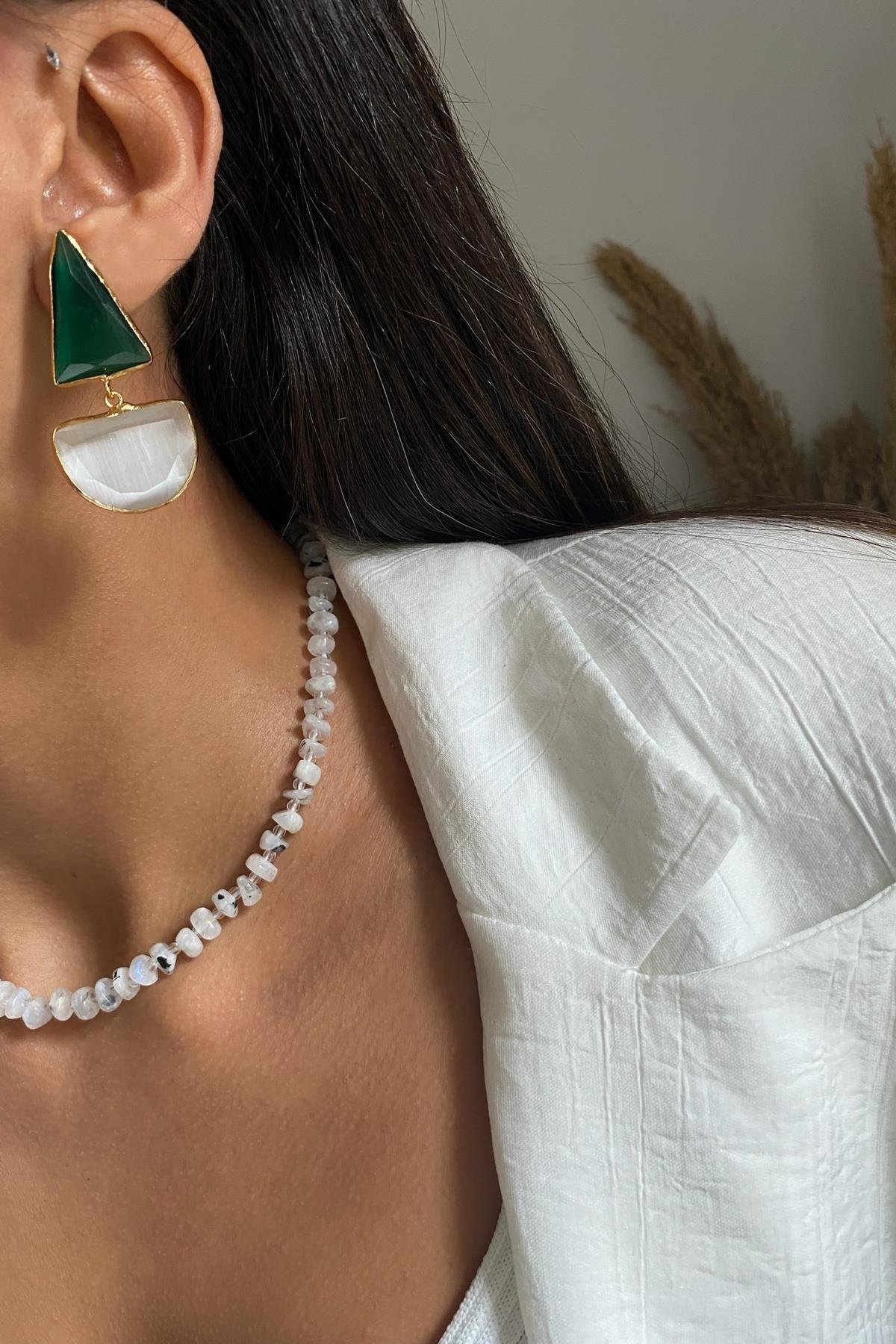 Kedi Gözü & Kristal Kuvars  Tasarım  Küpe 