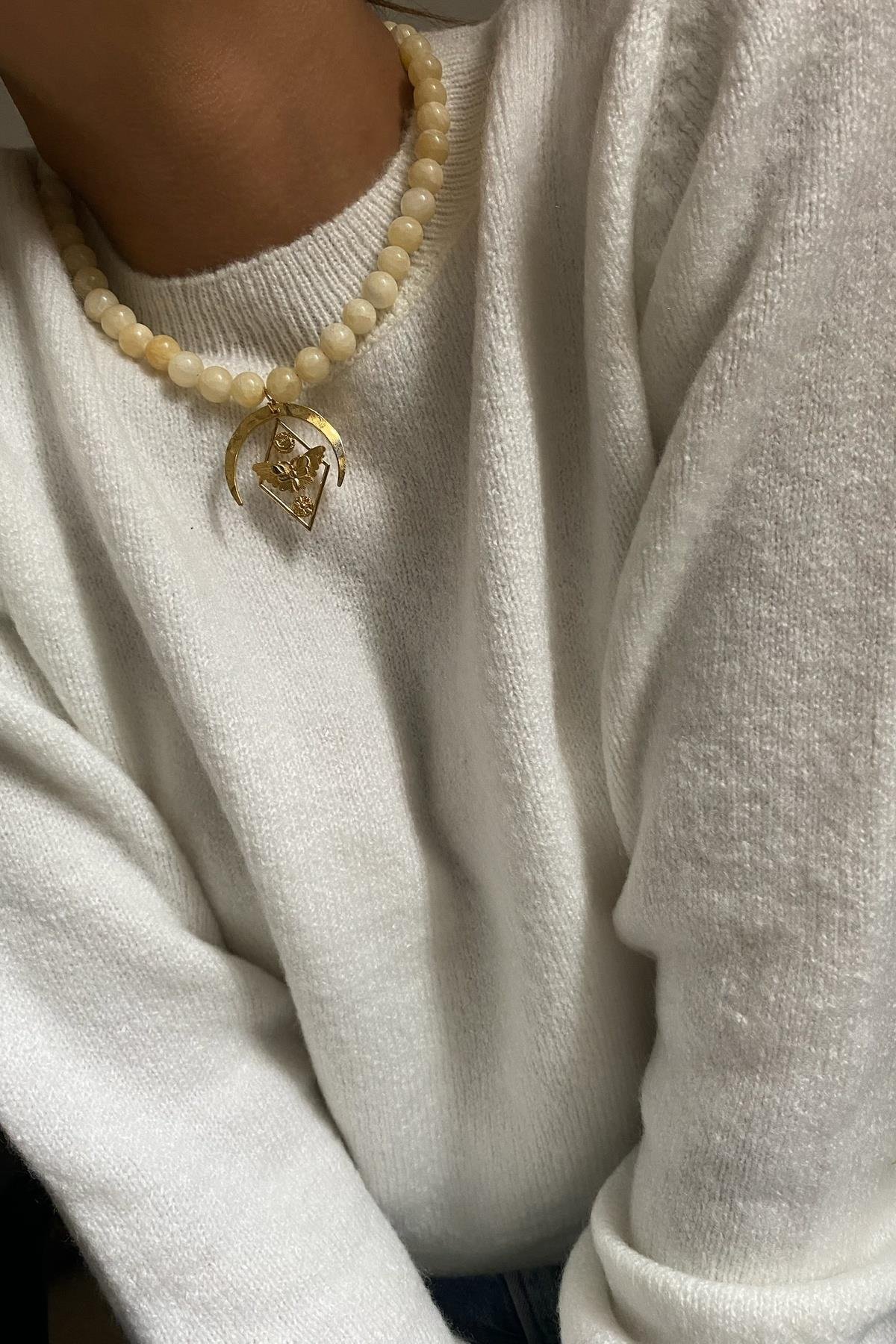 Kelebek Sedef Taşı Tasarım Kolye  (10mm)