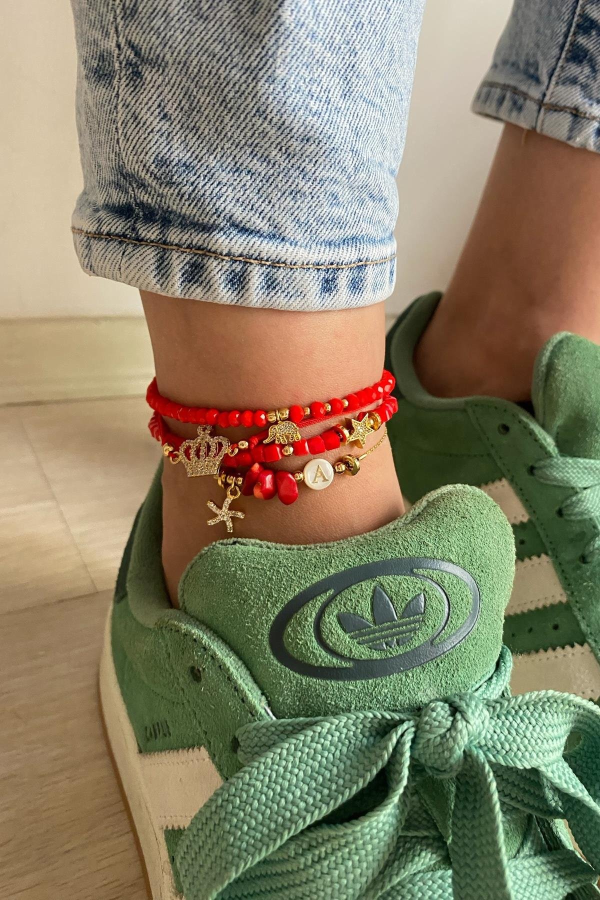 Kırmızı Kristal Tasarım Halhal Seti (Tüm Set)