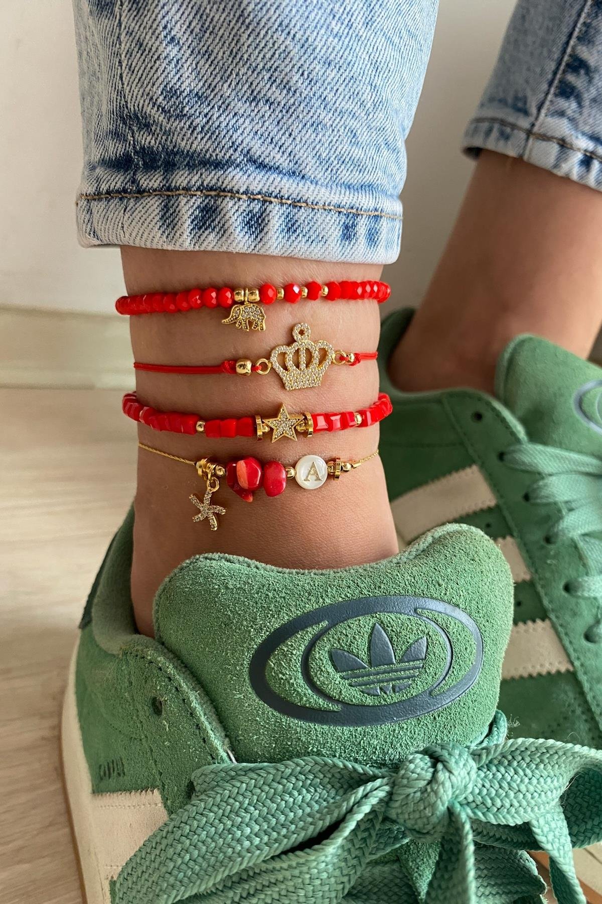 Kırmızı Kristal Tasarım Halhal Seti (Tüm Set)