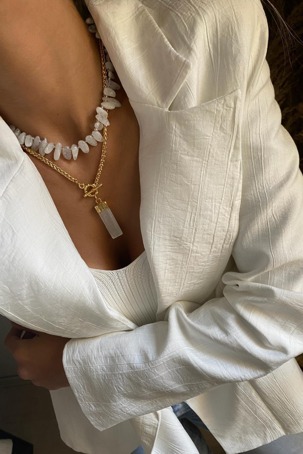 Kristal Kuvars & Ay Taşı Tasarım Kolye Seti (Tüm Set)