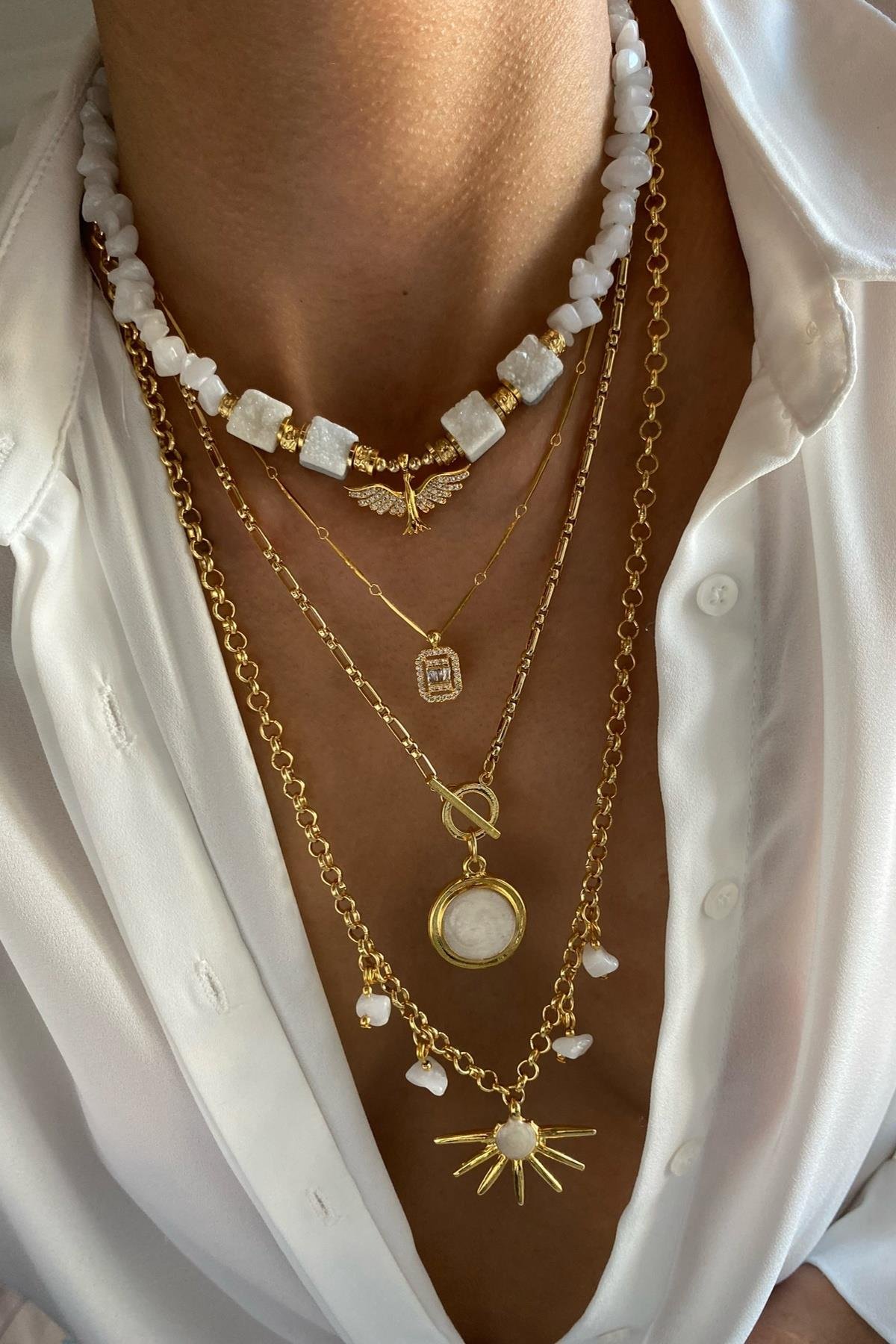 Kristal Kuvars Taşı Kolye Seti (Tüm Set) 