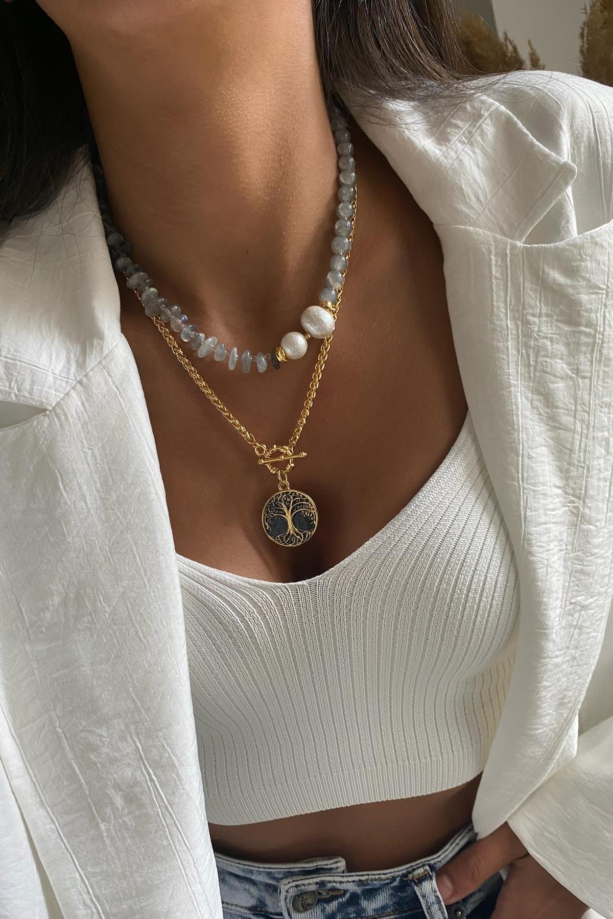 Labrodorit Taşı Tasarım Kolye Seti (Tüm Set)