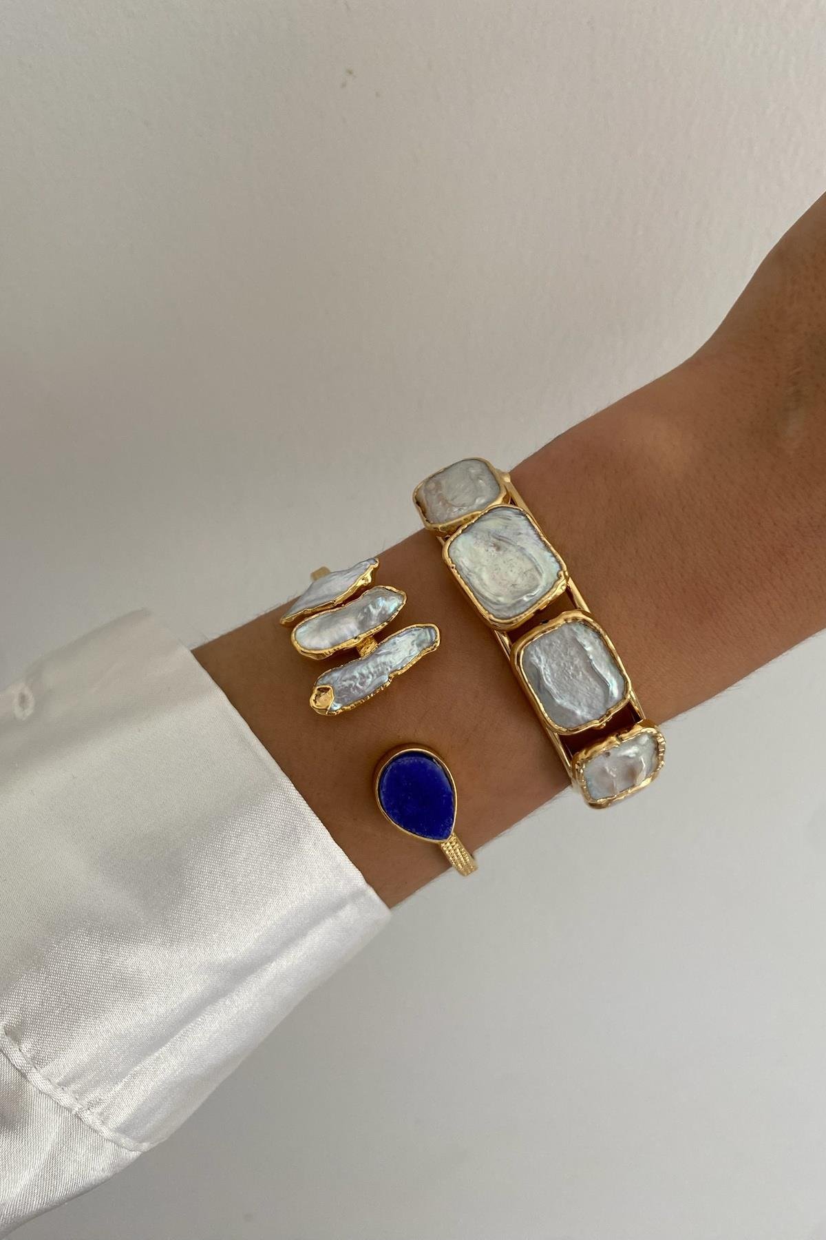 Lacivert Dürüze & Barok inci Kelepçe Bileklik Seti (Sınırlı Adet)