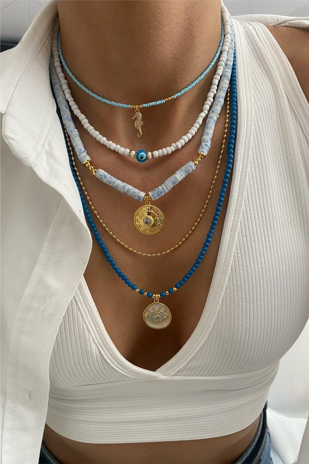 Mavi Fimo Tasarım Kolye Seti (Tüm Set)