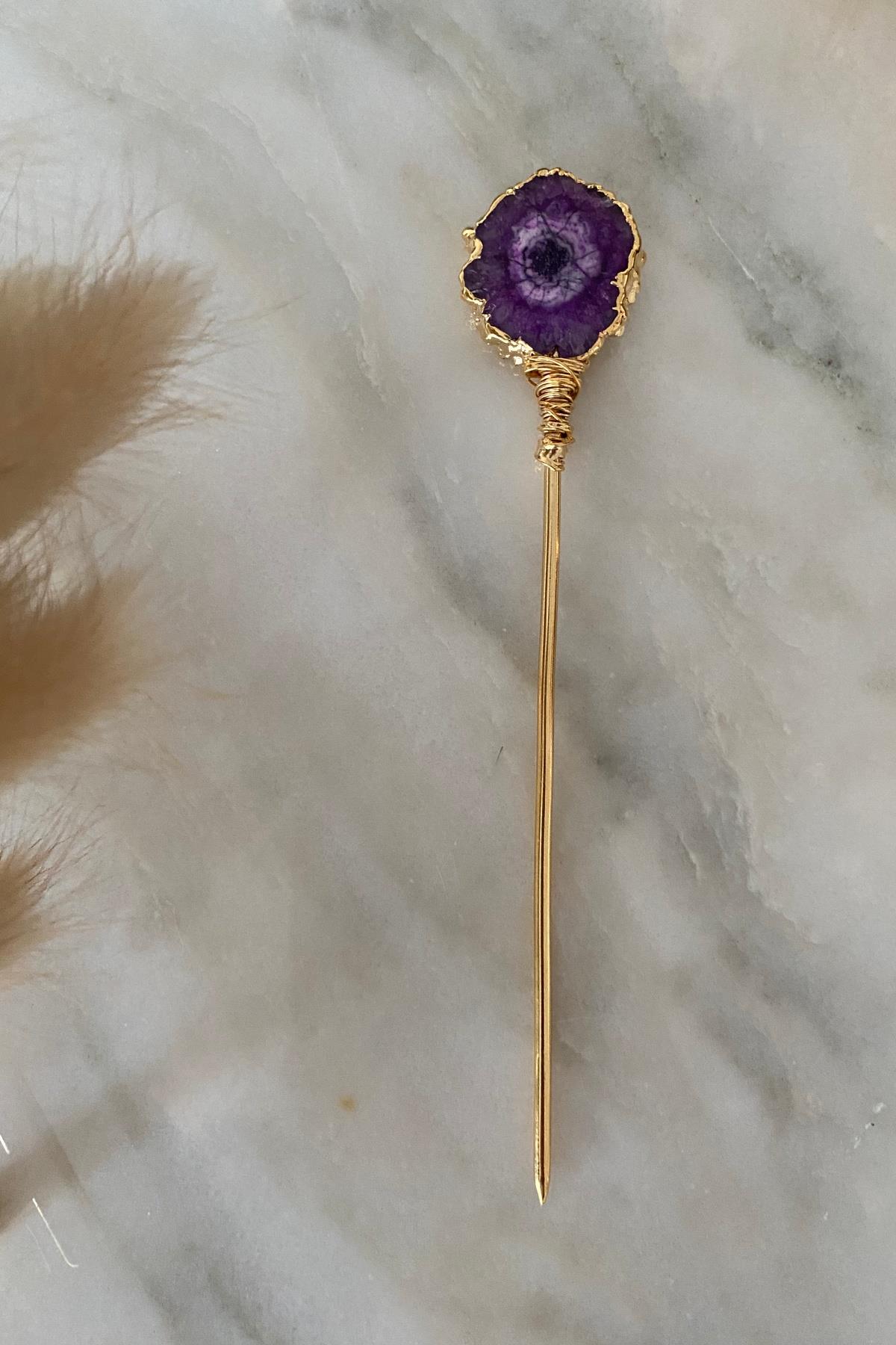 Mor Agat Taşı Topuz Tokası