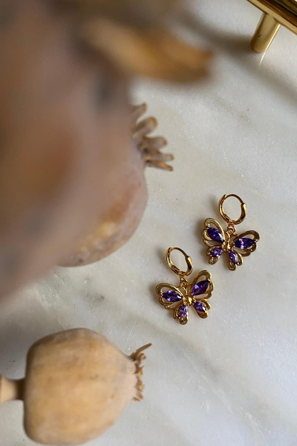 Mor Zirkonlu Tasarım Kelebek Küpe