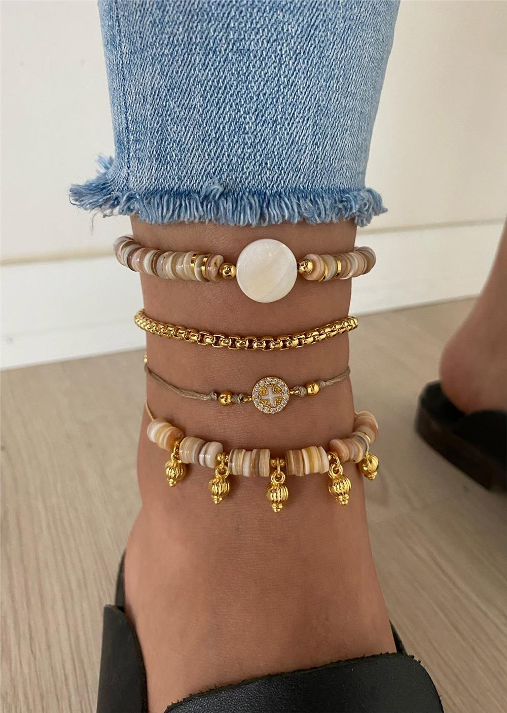 Sedef Taşı Tasarım Halhal Seti (Tüm Set)