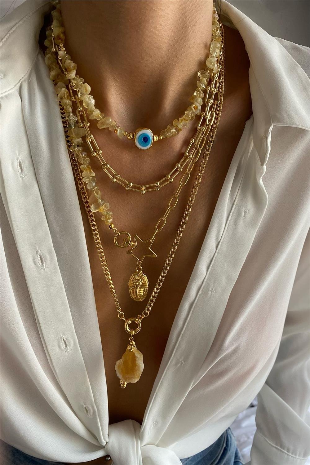 Sitrin Taşı Tasarım Kolye Seti (Tüm Set)