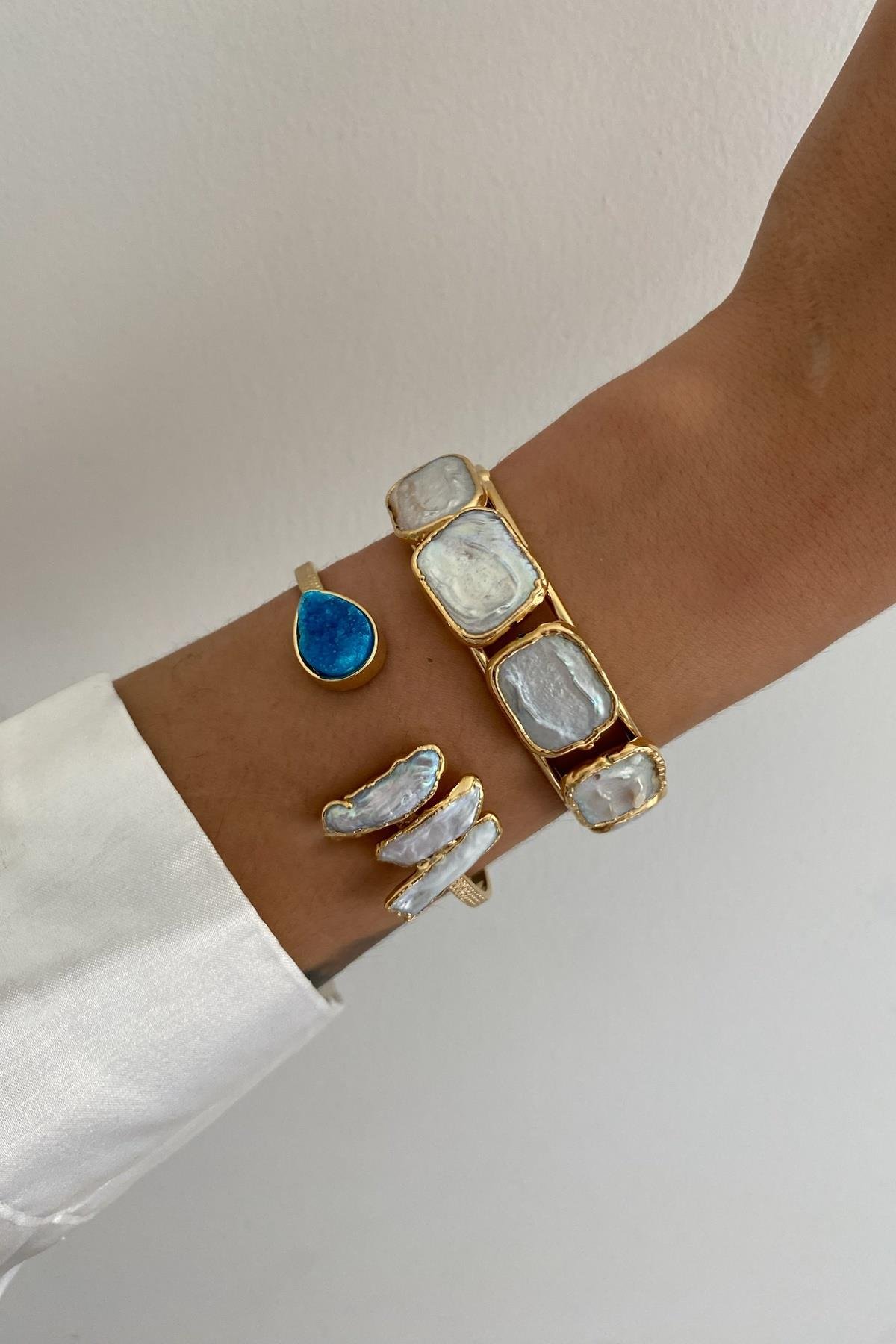 Turkuaz Dürüze & Barok inci Kelepçe Bileklik Seti (Sınırlı Adet)