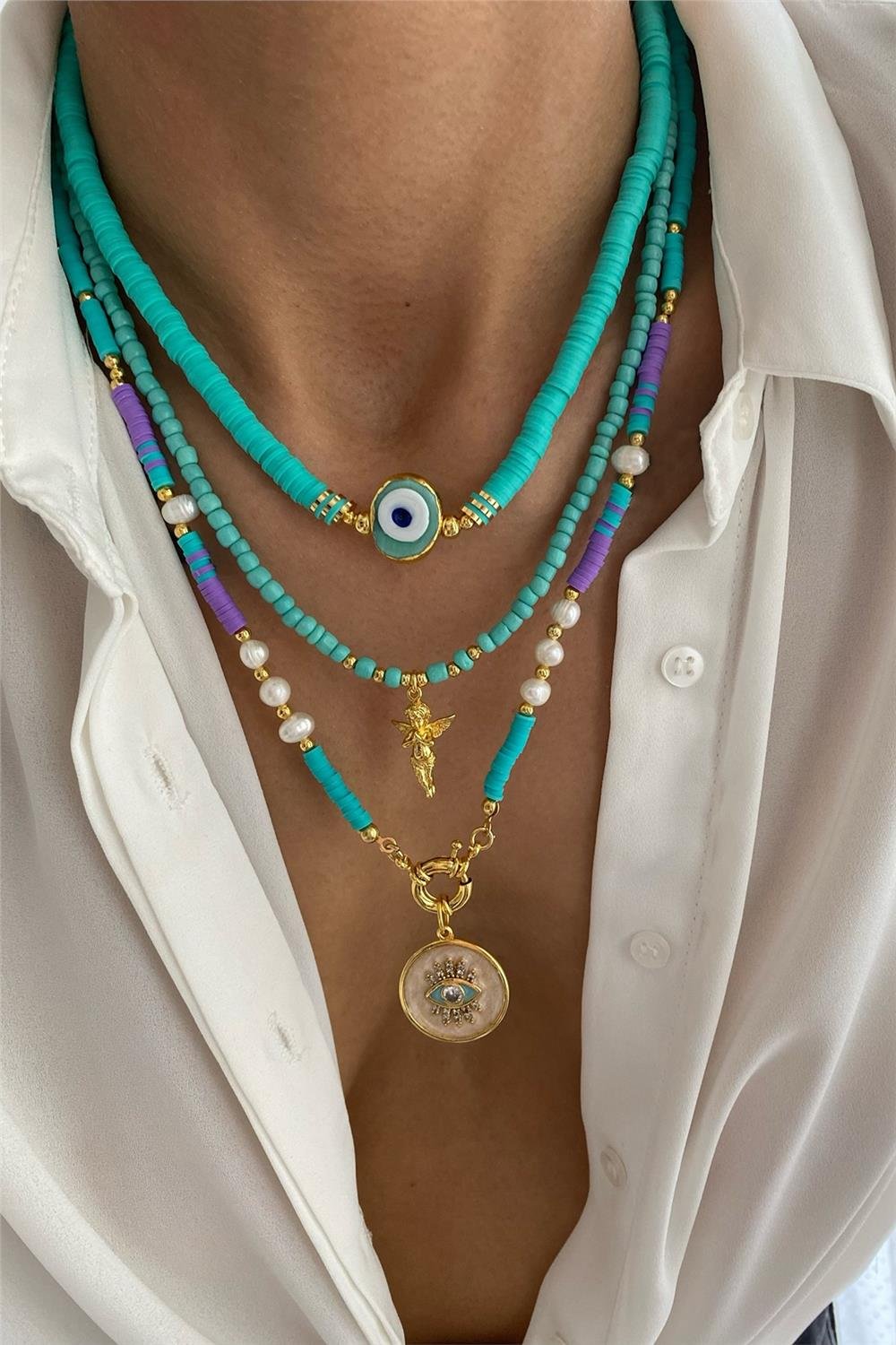 Turkuaz Fimo Tasarım Kolye Seti (Tüm Set)