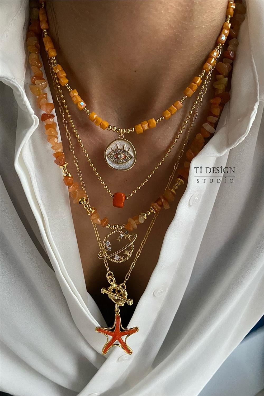 Turuncu Akik Tasarım Kolye Seti (Tüm Set)