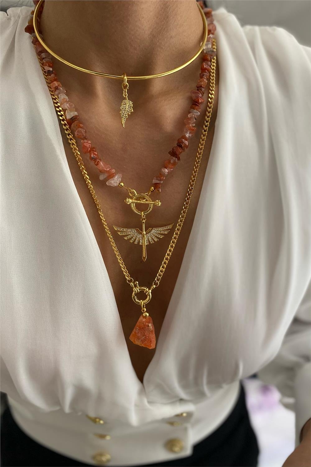 Turuncu Akik Tasarım Kolye Seti (Tüm Set)