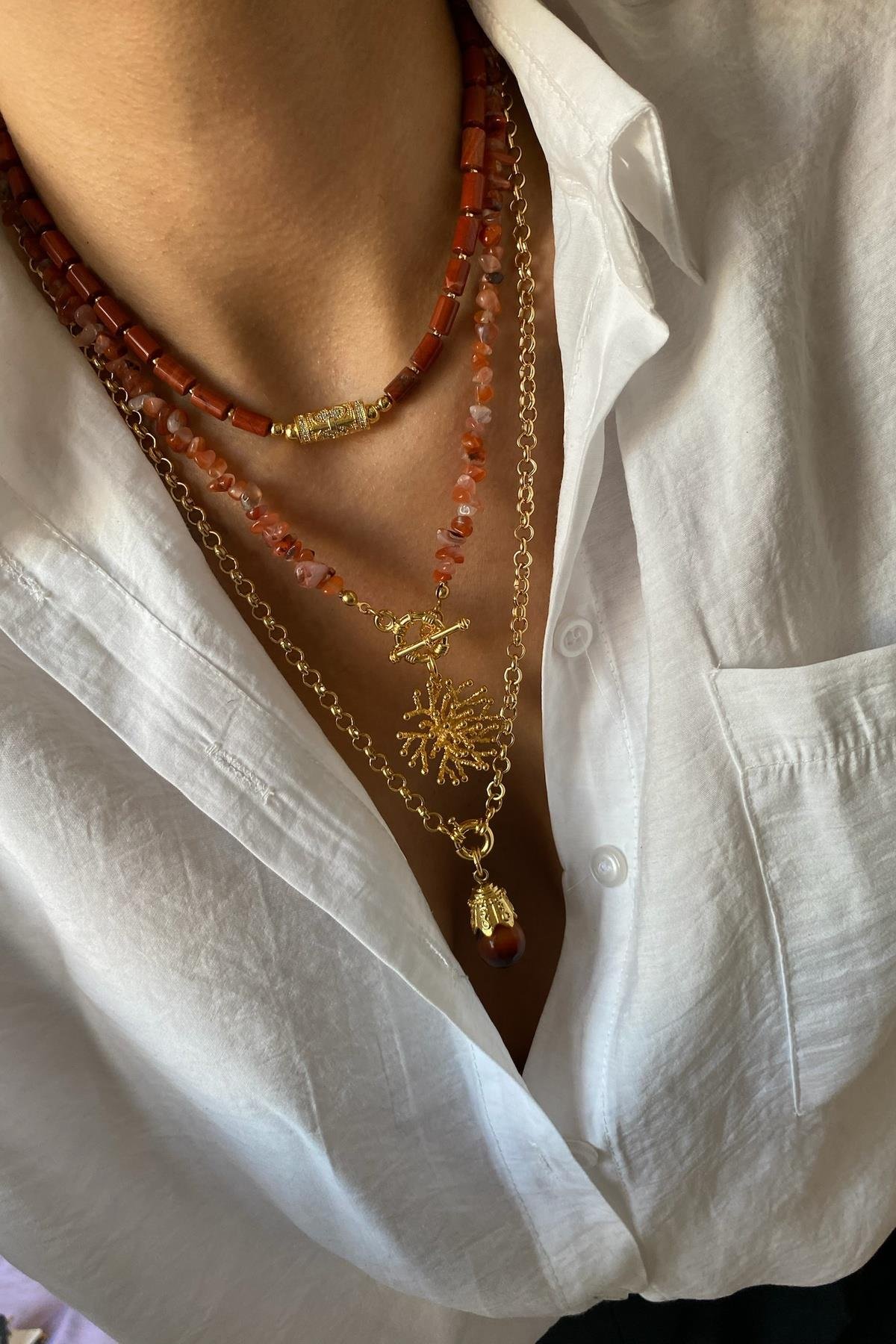 Turuncu Akik Taşı Kolye Seti (Tüm Set)