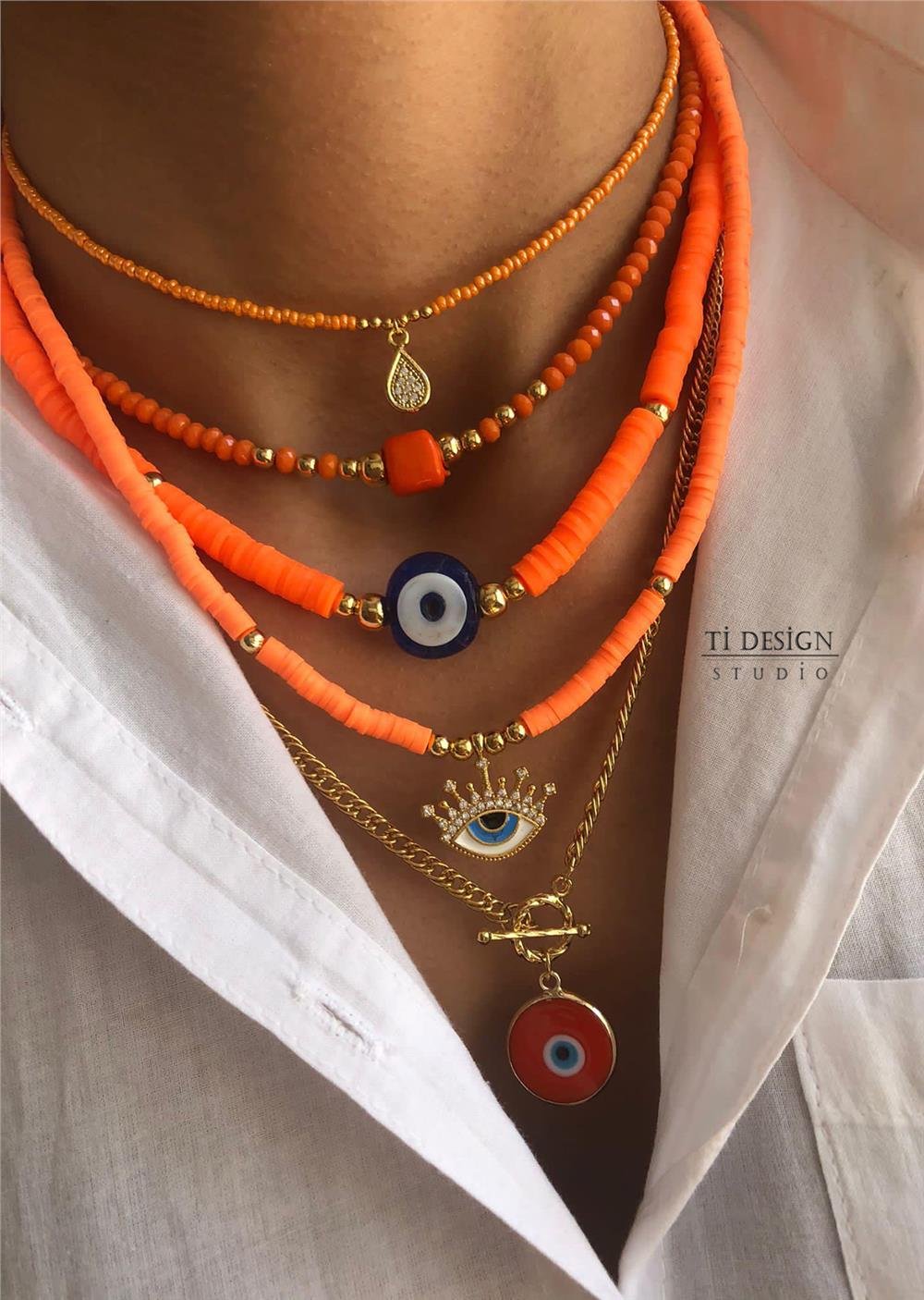 Turuncu Fimo Tasarım Kolye Seti (Tüm Set)