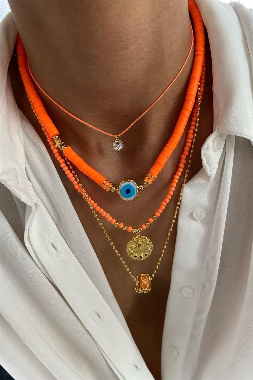 Turuncu Fimo Tasarım Kolye Seti (Tüm Set)