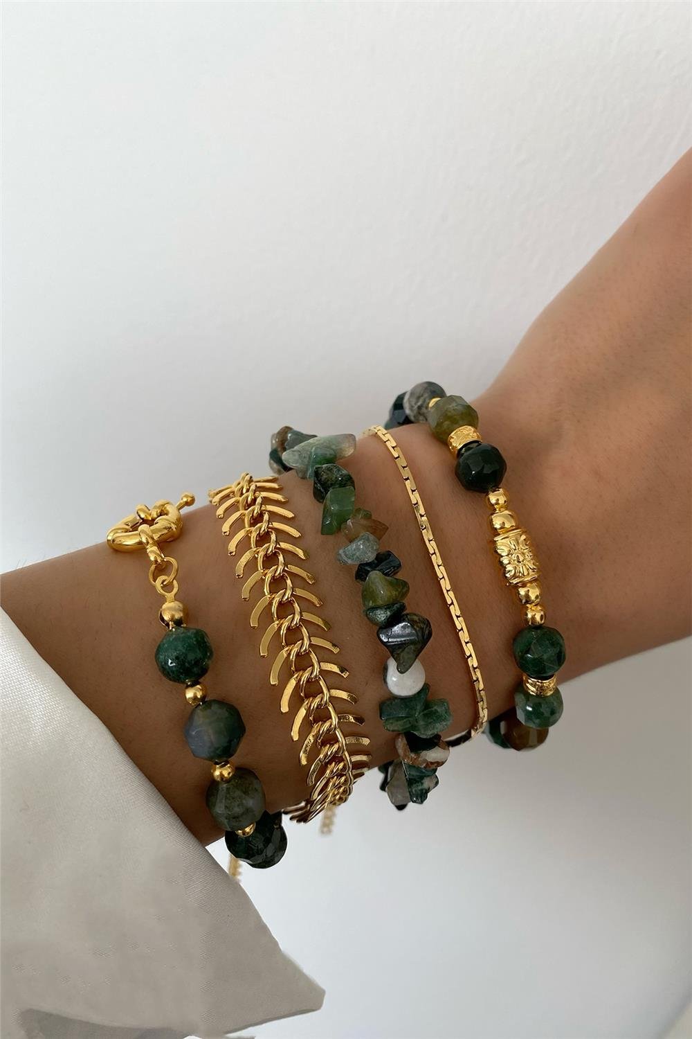 Yosunlu Akik Taşı Tasarım Bileklik Seti (Tüm Set)