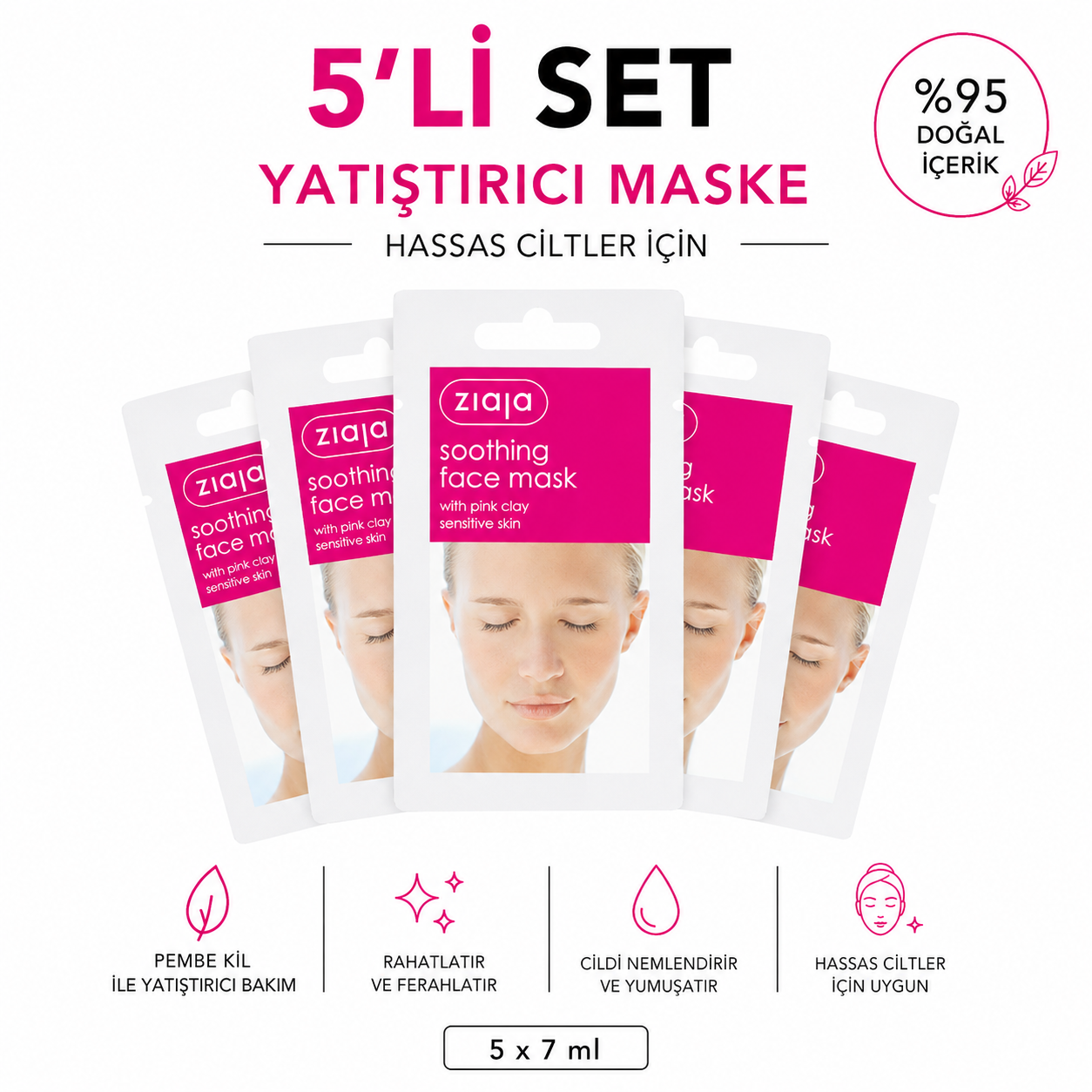 ZIAJASHOP - Ziaja - Ziaja Pembe Kil İçeren Yatıştırıcı Yüz Maskesi 7 ml (5'li Set)